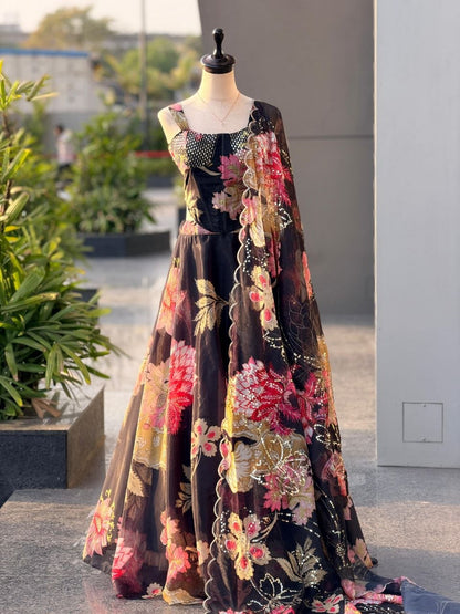 Coral Floral Organza Corset Lehenga