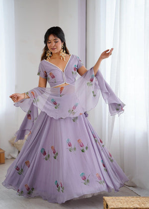 Lilac Hand Painted Lehenga with Pearl Lace