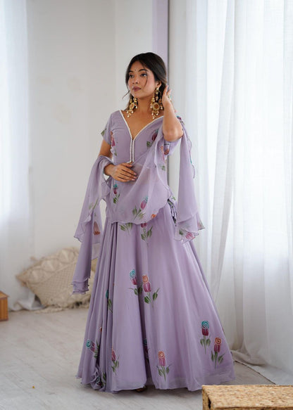 Lilac Hand Painted Lehenga with Pearl Lace