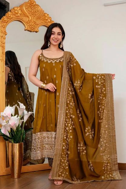 Embroidered Vichitra Silk Gown Suit Set