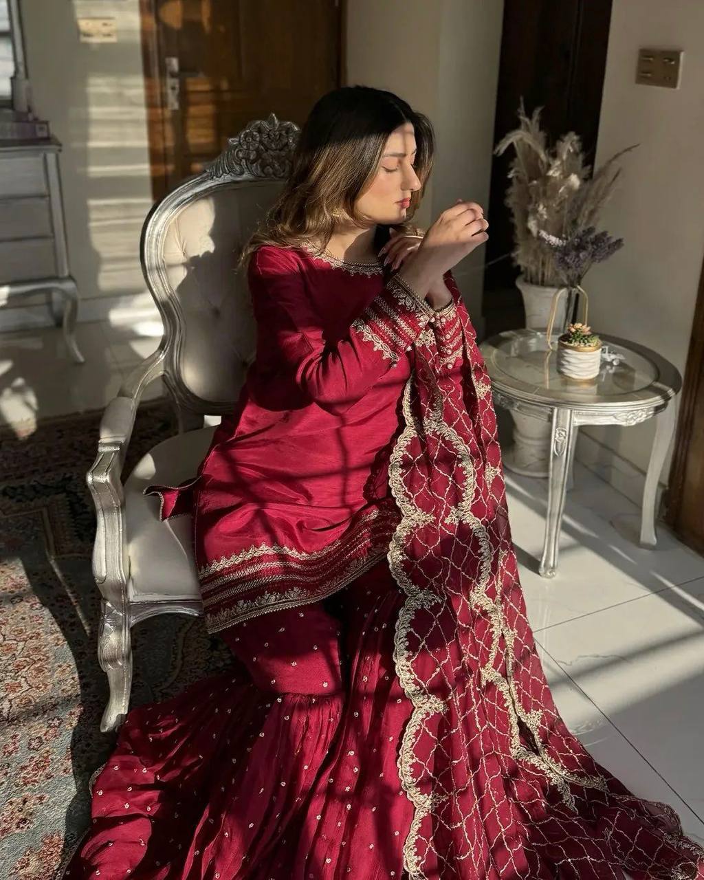 Embroidered Faux Georgette Gharara Suit Set with Dupatta