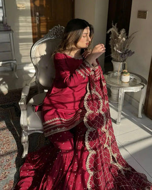 Embroidered Faux Georgette Gharara Suit Set with Dupatta