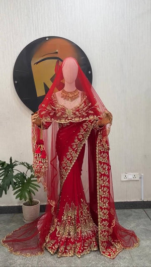 Red Embroidered Georgette Saree with Dupatta