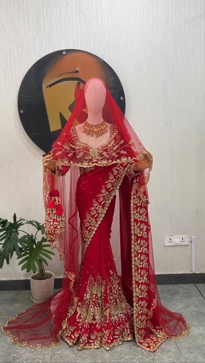 Red Embroidered Georgette Saree with Dupatta