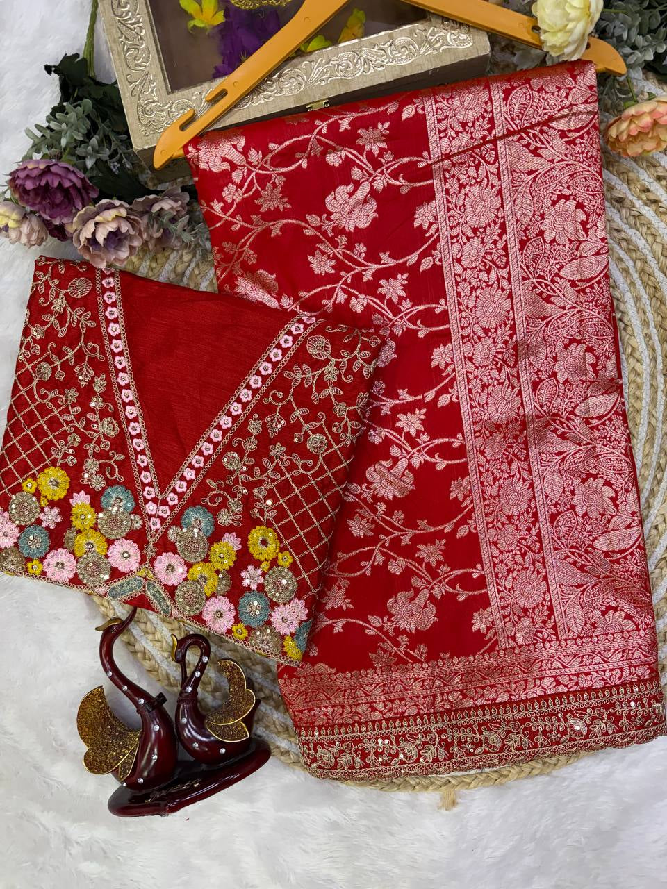 Red Banarasi Jacquard Silk Saree