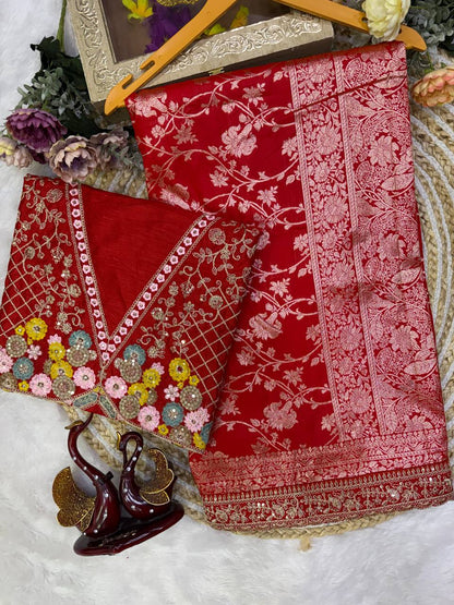 Red Banarasi Jacquard Silk Saree