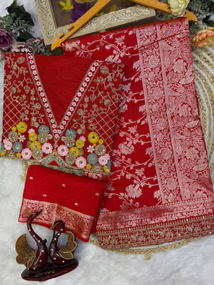Red Banarasi Jacquard Silk Saree