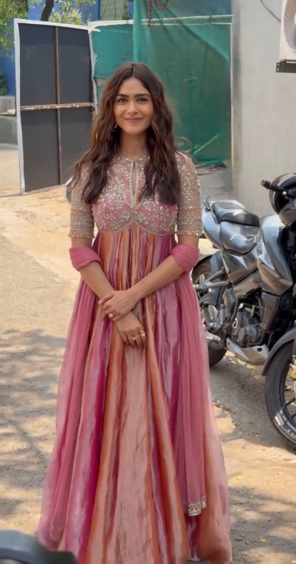 Rose Pink Striped Silk Anarkali Gown
