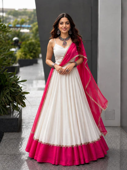 Ivory Pink Cotton Lehenga with Mirror Lace