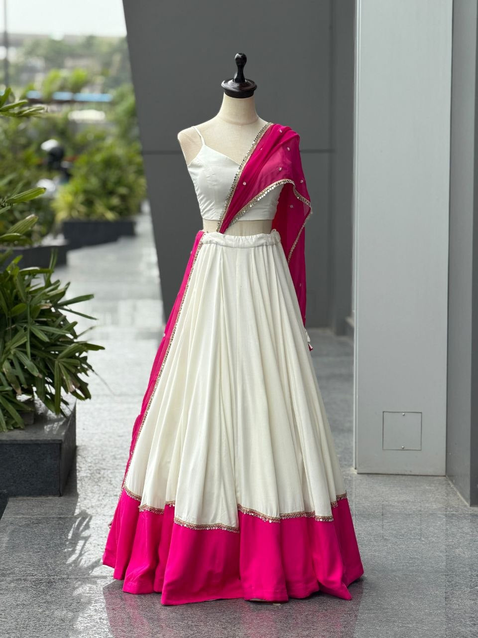 Ivory Pink Cotton Lehenga with Mirror Lace