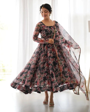 Organza Taby Silk Digital Print Gown Set with Dupatta & Bottom