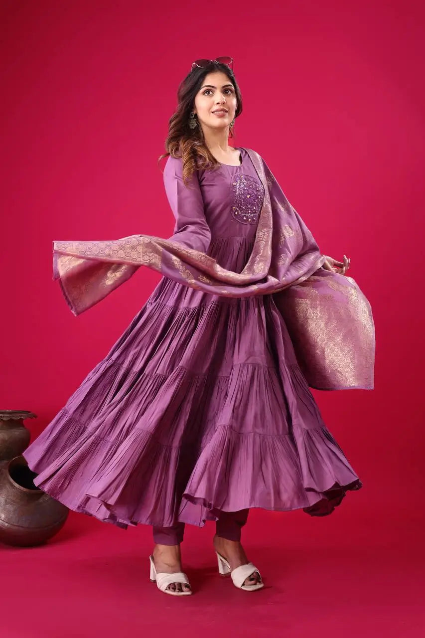 Designer Roman Silk Embroidered Gown Set with Jacquard Dupatta