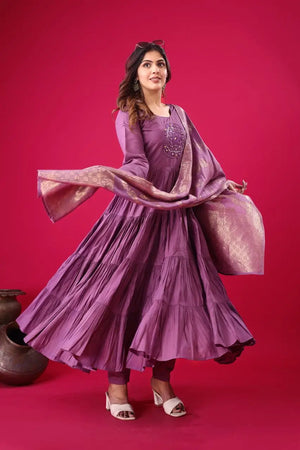 Designer Roman Silk Embroidered Gown Set with Jacquard Dupatta