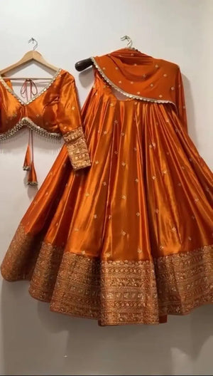 Embroidered Japan Satin Lehenga Choli Set for Wedding and Festive Wear