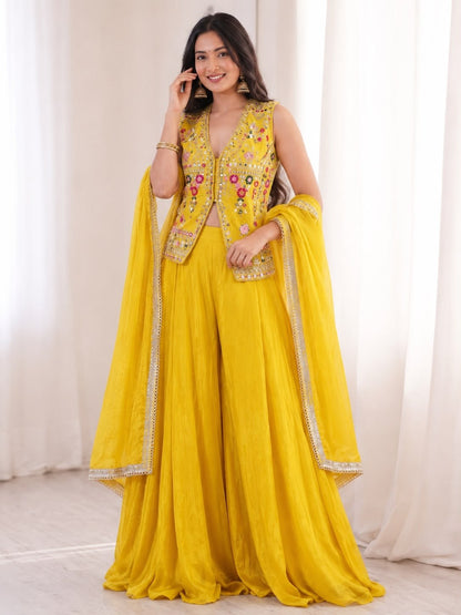 Yellow Embroidered Jacket Palazzo Set