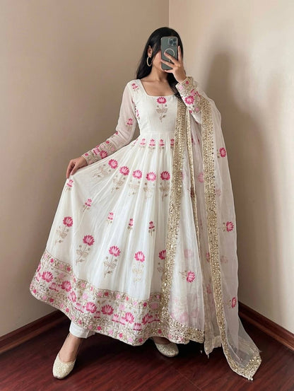 Lotus Embroidered Shimmer Silk Anarkali