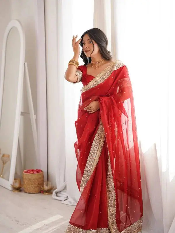 Red Fandy Satin Silk Designer Saree with Mirror Lace Border for Wedding and Festive Wear