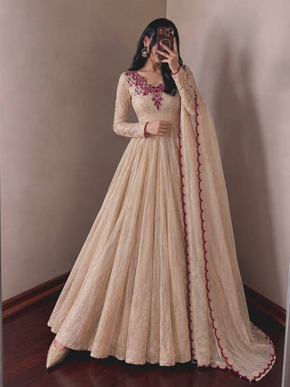 Beige Crinkle Anarkali Gown with Dupatta