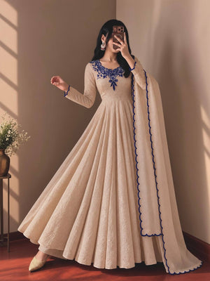 Beige Crinkle Anarkali Gown with Dupatta