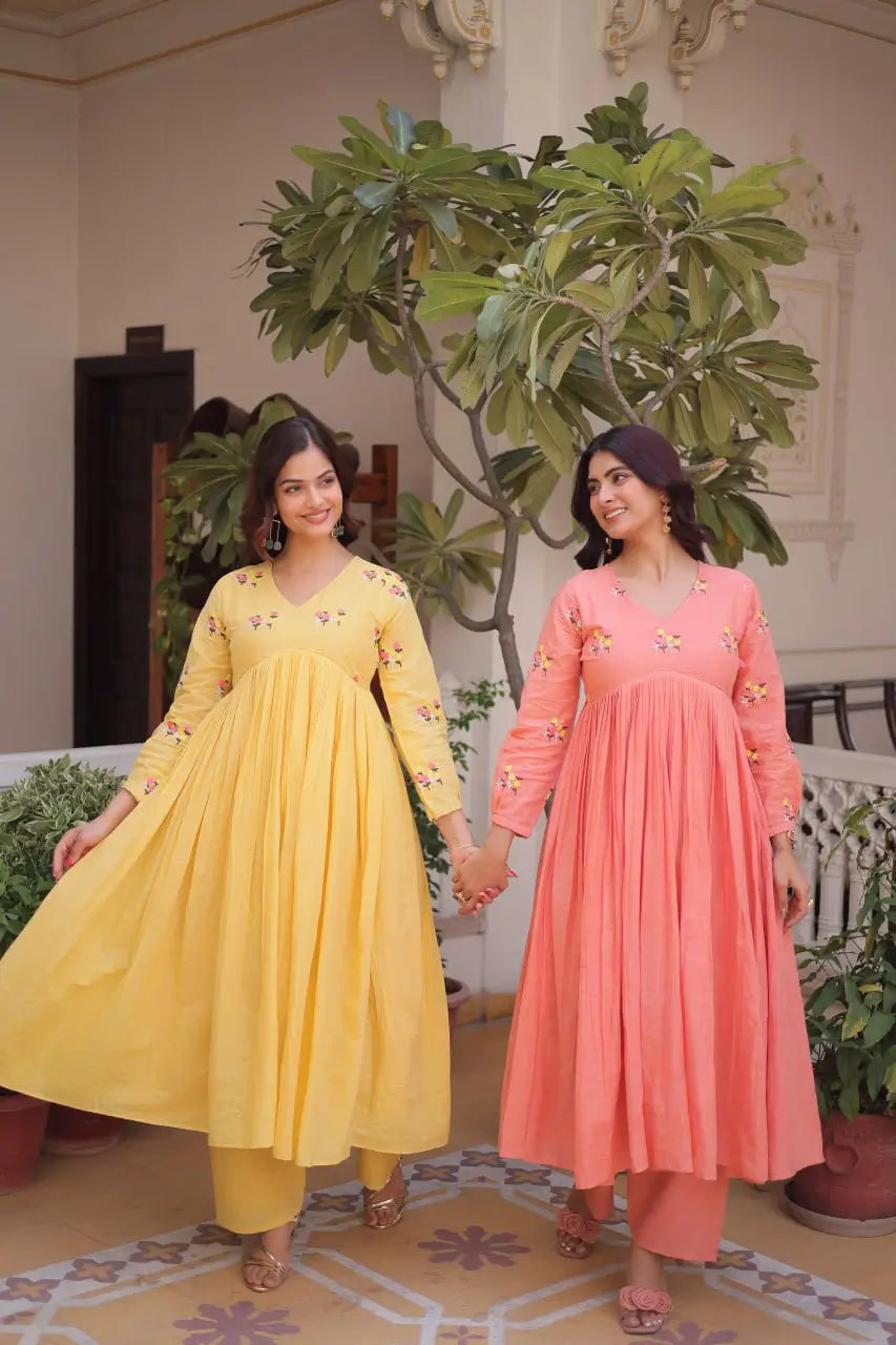 Embroidered Cotton Anarkali Kurti Pant Set for Festive and Casual Wear