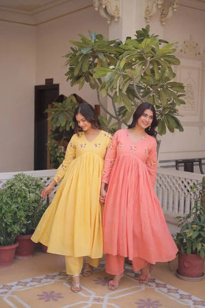 Embroidered Cotton Anarkali Kurti Pant Set for Festive and Casual Wear