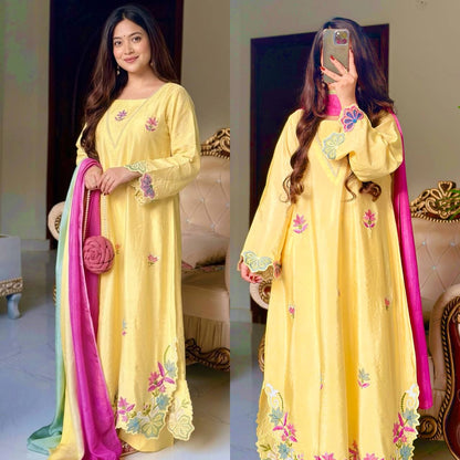 Yellow Cutwork Embroidered Kurta Palazzo Set