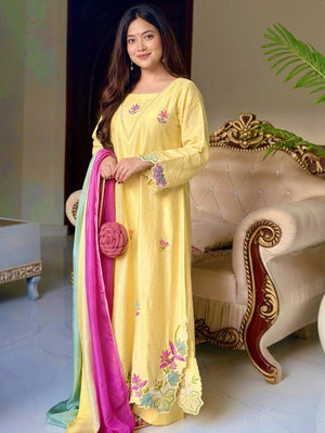 Yellow Cutwork Embroidered Kurta Palazzo Set
