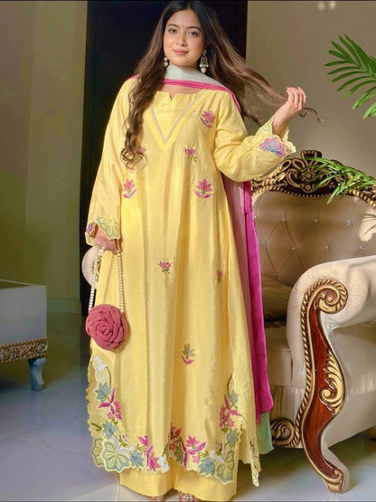 Yellow Cutwork Embroidered Kurta Palazzo Set