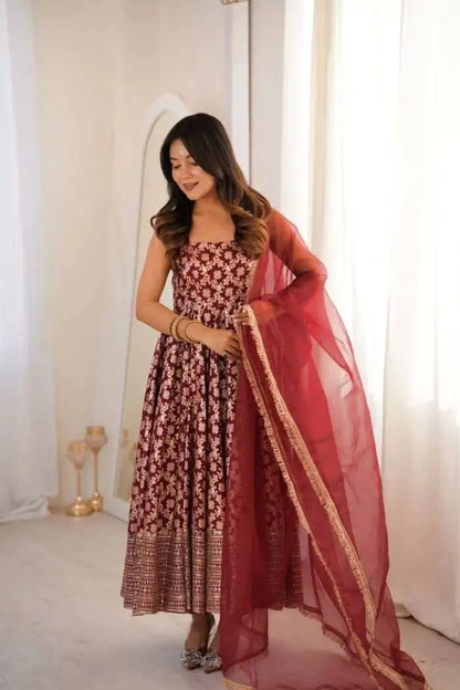 Maroon Butti Jacquard Anarkali Set