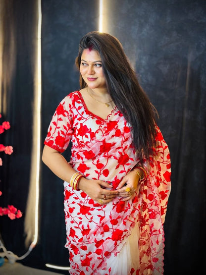 White Organza Saree with Red Rose Embroidery