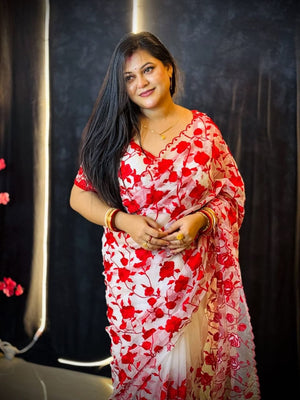 White Organza Saree with Red Rose Embroidery