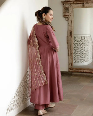 Designer Roman Silk Gown Set with Banarasi Dupatta