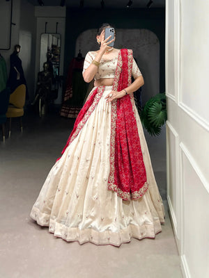 Vichitra Silk Embroidered Lehenga Set with Bandhej Dupatta