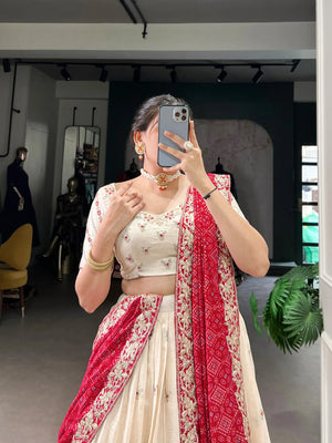 Vichitra Silk Embroidered Lehenga Set with Bandhej Dupatta