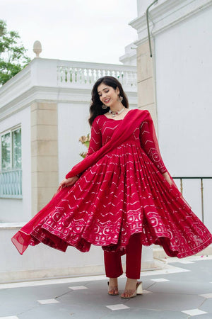 Crimson Bandhani Zigzag Anarkali Suit