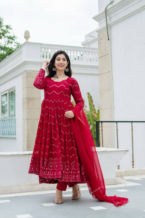 Crimson Bandhani Zigzag Anarkali Suit