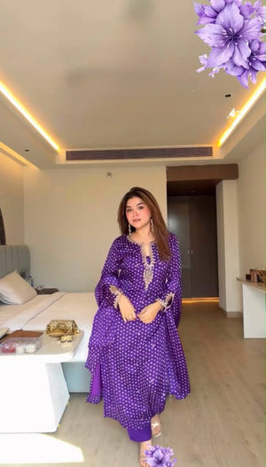 Purple Bandhani Print Kurta Set with Dupatta