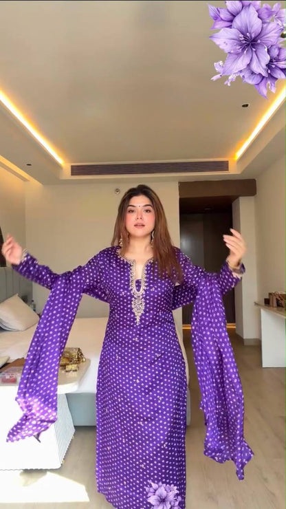 Purple Bandhani Print Kurta Set with Dupatta