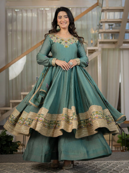 Sage Green Crinkle Anarkali Palazzo Set