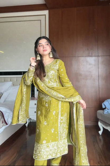 Chinon Embroidered Kurti Sharara Set with Dupatta for Festive and Wedding Wear