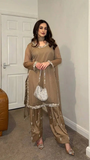 Embroidered Faux Georgette Suit Set with Dupatta