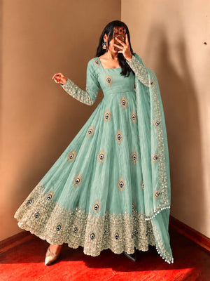 Ivory Peacock Feather Anarkali Gown