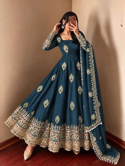 Ivory Peacock Feather Anarkali Gown