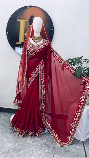 Red Embroidered Georgette Saree with Dupatta