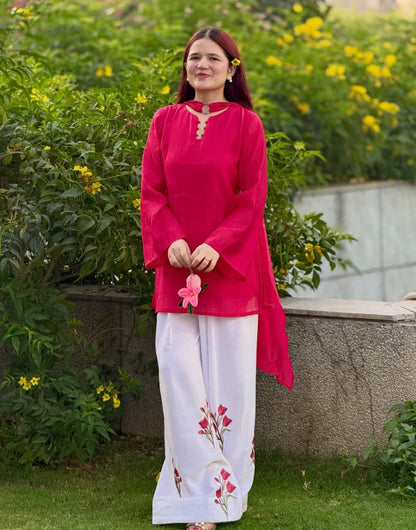 Red Mul Chanderi Kurta with Tulip Palazzo