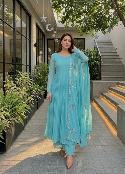 Aqua Pleated Georgette Gown with Dupatta