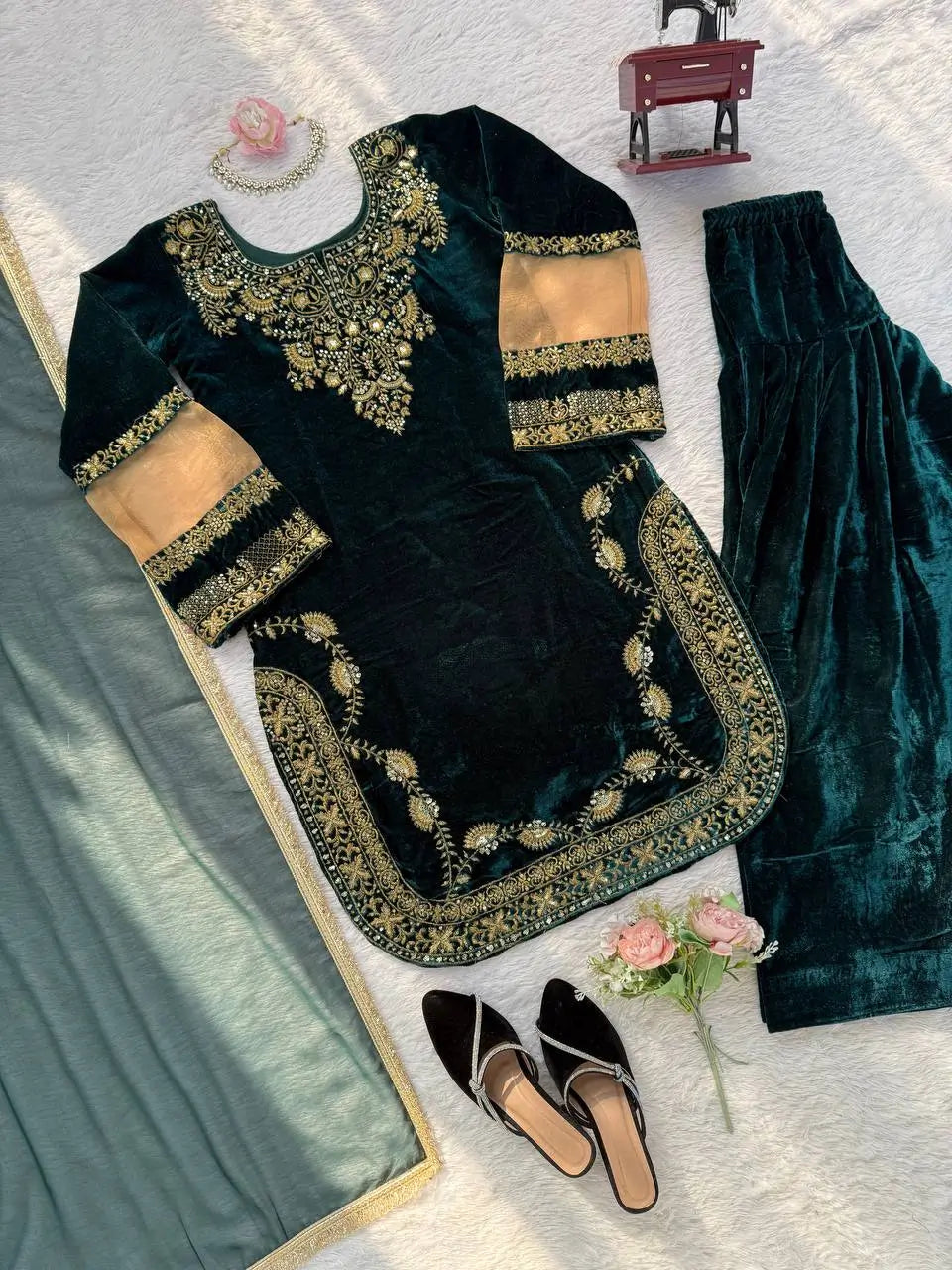 Embroidered Velvet Plazo Set