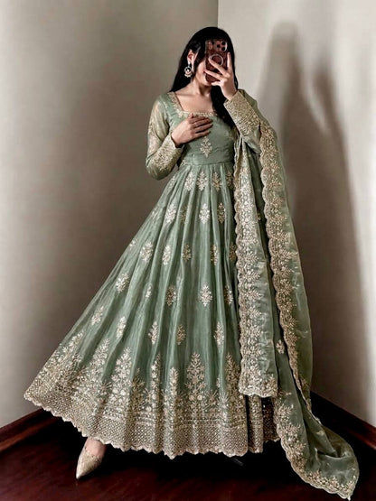 Sage Green Shimmer Silk Anarkali Gown Set