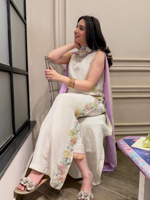 Ivory Satin Kurta Set with Ombre Dupatta