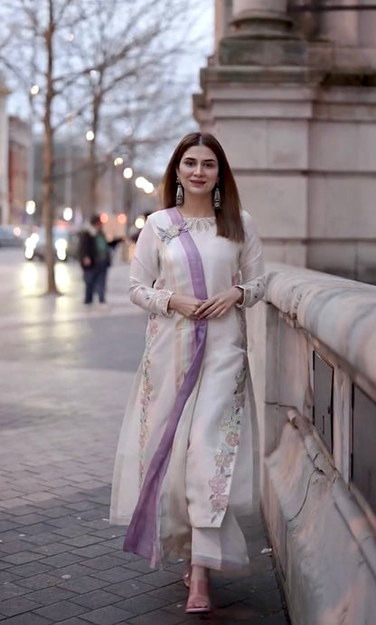 Ivory Satin Kurta Set with Ombre Dupatta